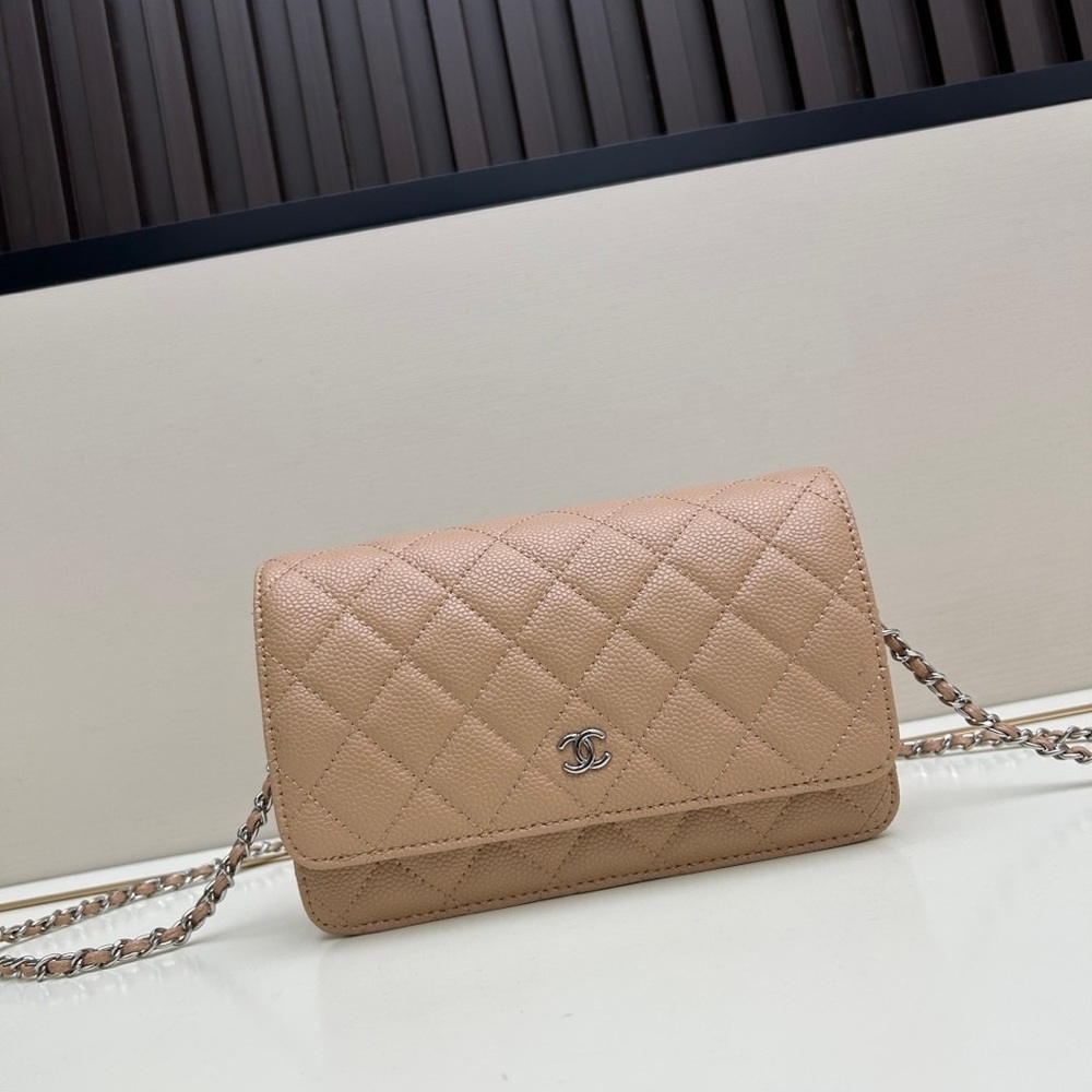 CHANEL Beige Quilted Caviar Leather Crossbody Wallet